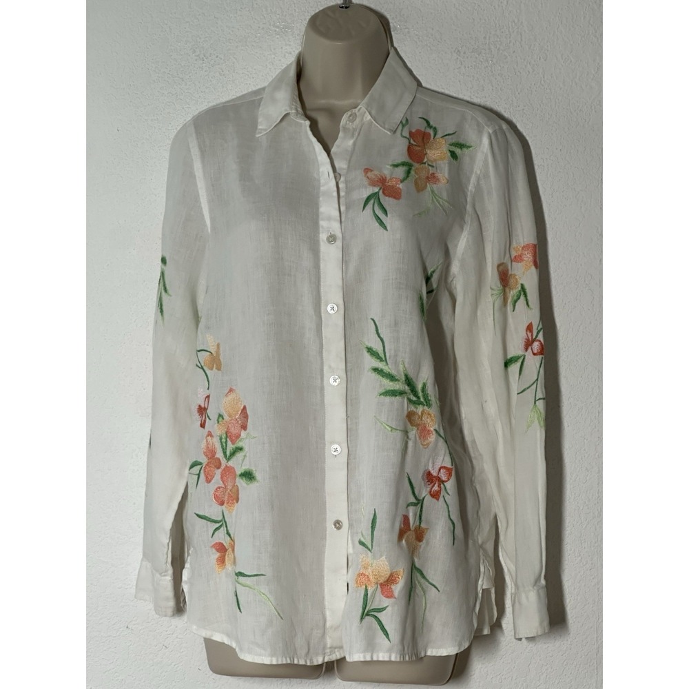 J. Jill White Linen Shirt Floral Embroidery AOP Size XS Boho Coastal Beach